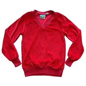 Mon Ami Vintage Red Velour V-Neck Pullover Sweater Geometric Texture Womens Med